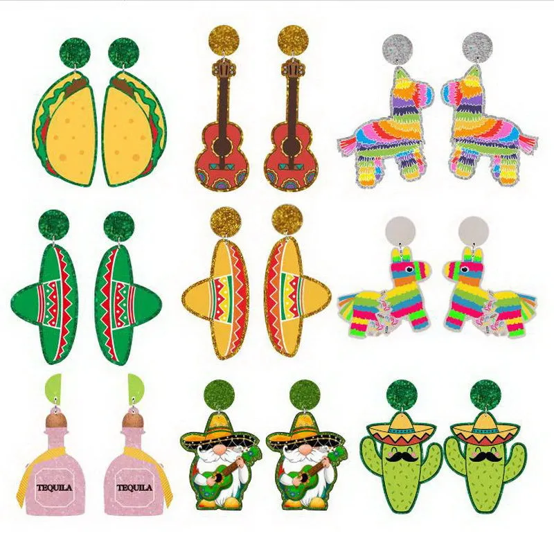 Wholesale Mexican Carnival May 5th Guitar Horse Hat Wine Bottle Violin Goblin Cactus Earrings