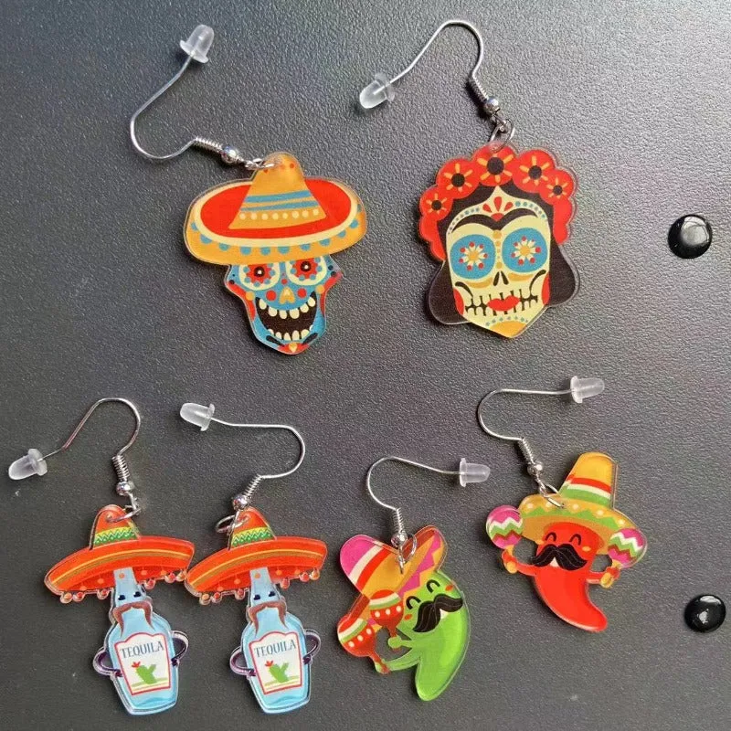 Wholesale Mexican May 5th Carnival Chili Rainbow Horse Wine Hat Skull Avocado Acrylic Earrings