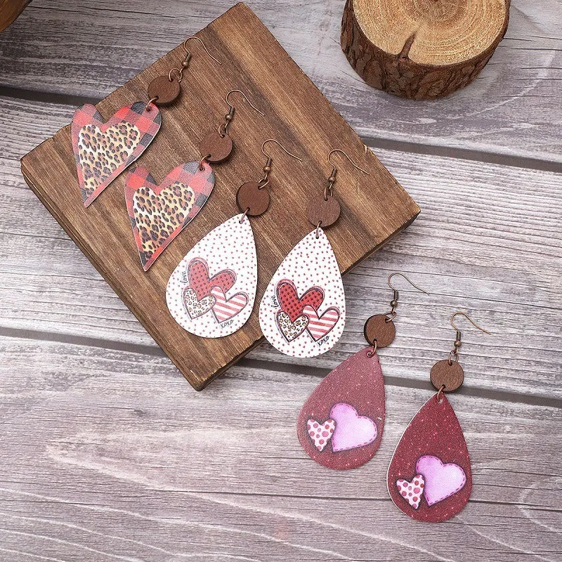 Wholesale Multiple Heart Pattern Valentine's Day Leopard Print Leather Earrings