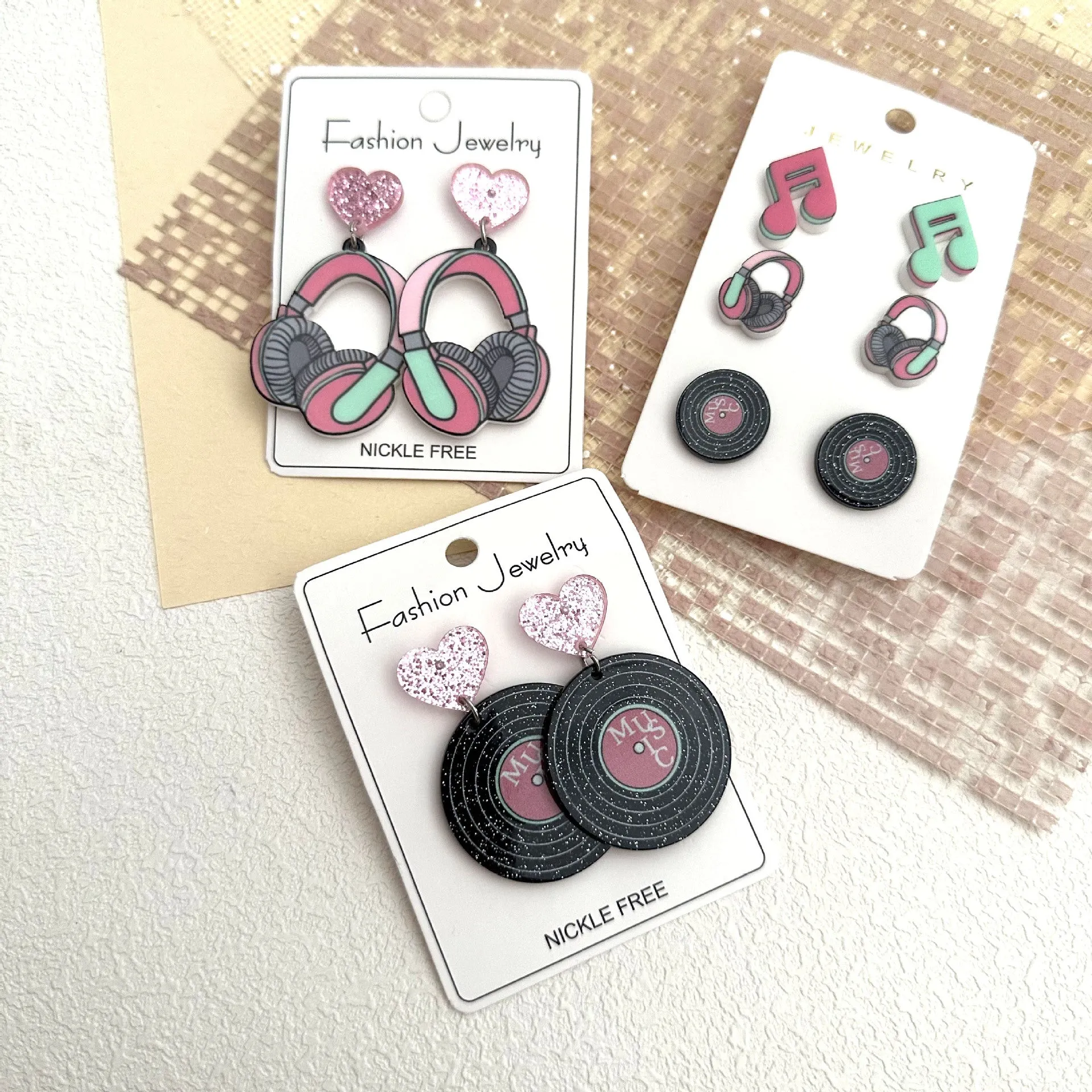 Wholesale Music Festival Earphone Disc Three-piece Set Music Note Acrylic Contrast Color Earrings