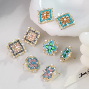 Wholesale New Chinese Retro Tile Geometric Square Color Oil Drop Inlaid Pearl Silver Needle Alloy Earrings