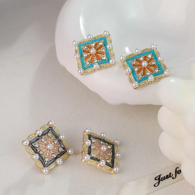Wholesale New Chinese Retro Tile Geometric Square Color Oil Drop Inlaid Pearl Silver Needle Alloy Earrings