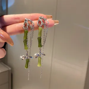 Wholesale New Chinese Style Green Bamboo Tassel Alloy Earrings