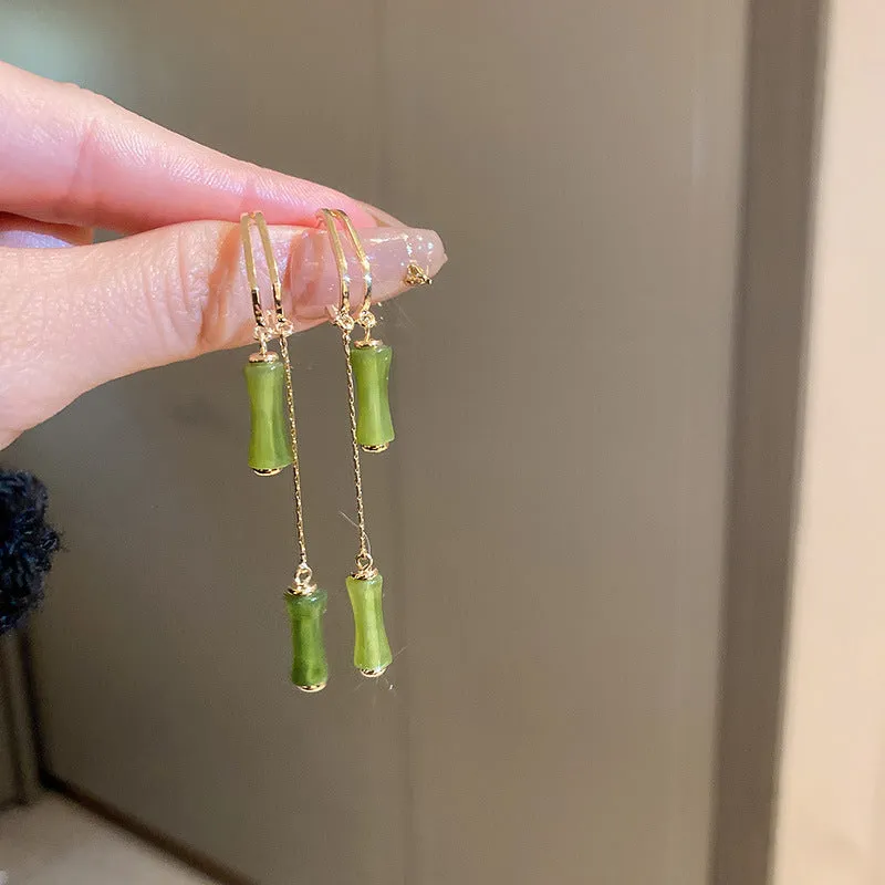 Wholesale New Chinese Style Green Bamboo Tassel Alloy Earrings