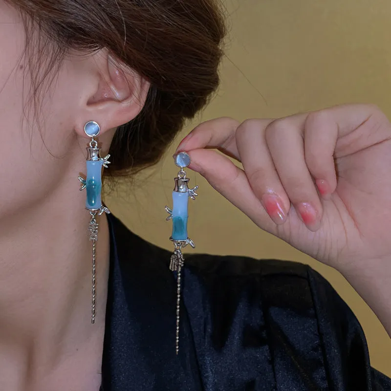 Wholesale New Chinese Style Green Bamboo Tassel Alloy Earrings