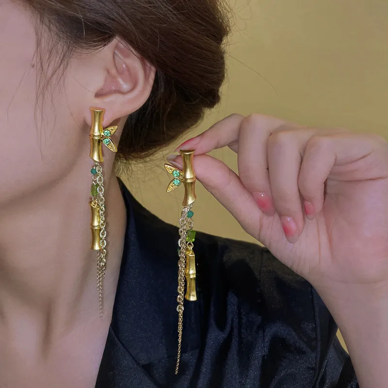 Wholesale New Chinese Style Green Bamboo Tassel Alloy Earrings