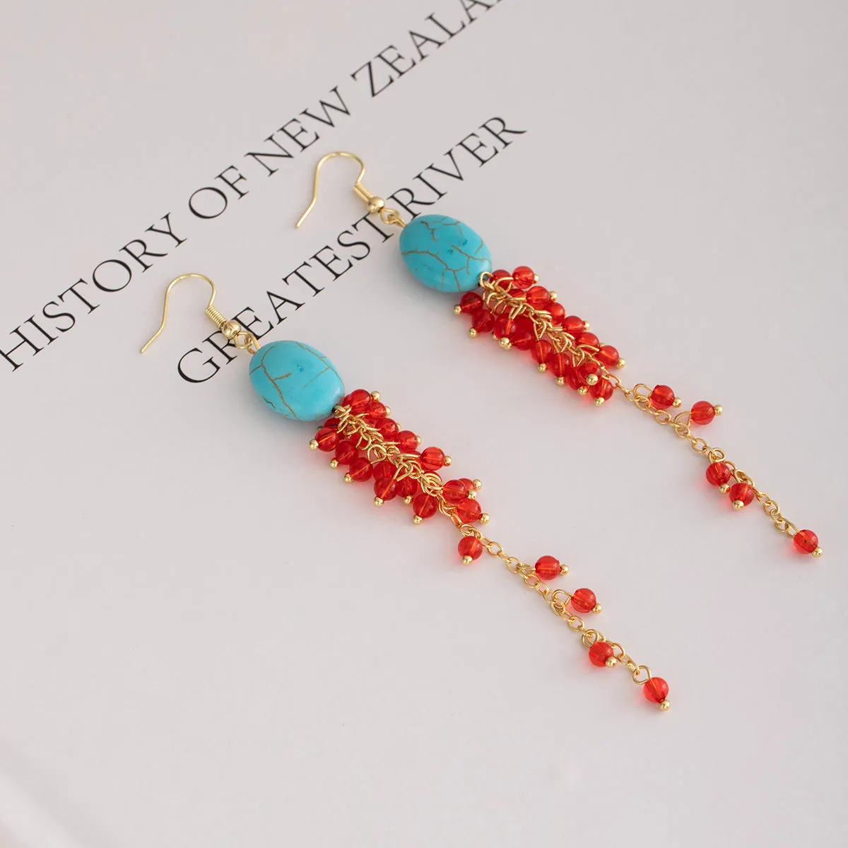 Wholesale New Chinese style long tassel earrings oval turquoise earrings