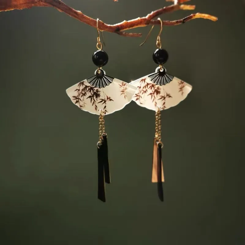 Wholesale New Chinese Style Lotus Fan Butterfly Pearl Tassel Temperament Fashion Niche High-end Earrings
