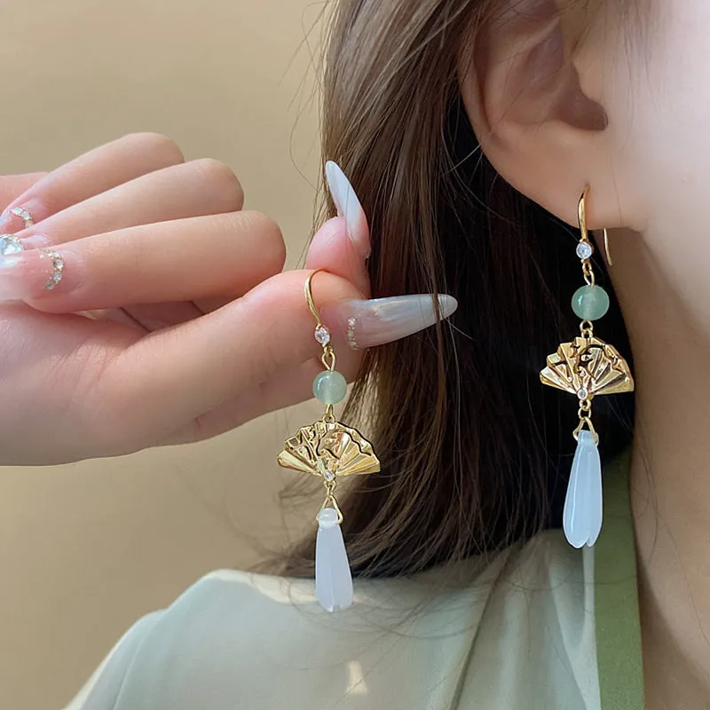 Wholesale New Chinese Style Lotus Fan Butterfly Pearl Tassel Temperament Fashion Niche High-end Earrings