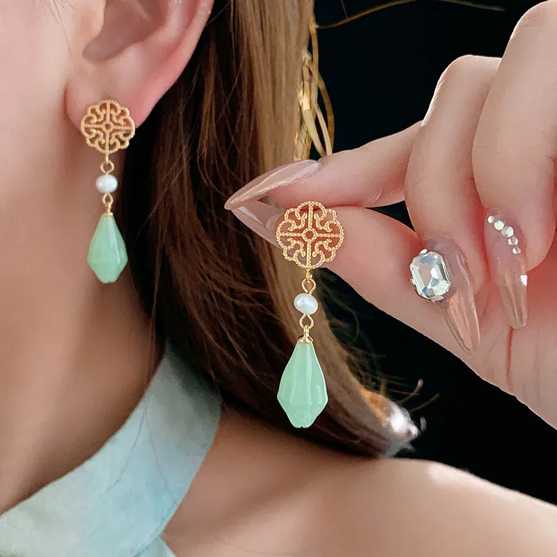 Wholesale New Chinese Style Lotus Fan Butterfly Pearl Tassel Temperament Fashion Niche High-end Earrings