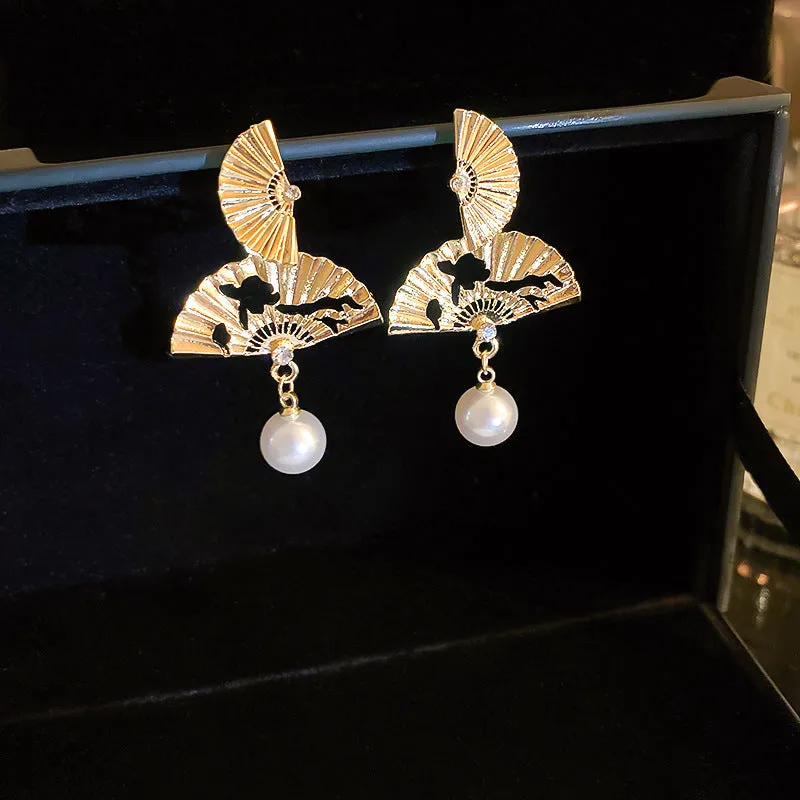 Wholesale New Chinese Style Lotus Fan Butterfly Pearl Tassel Temperament Fashion Niche High-end Earrings