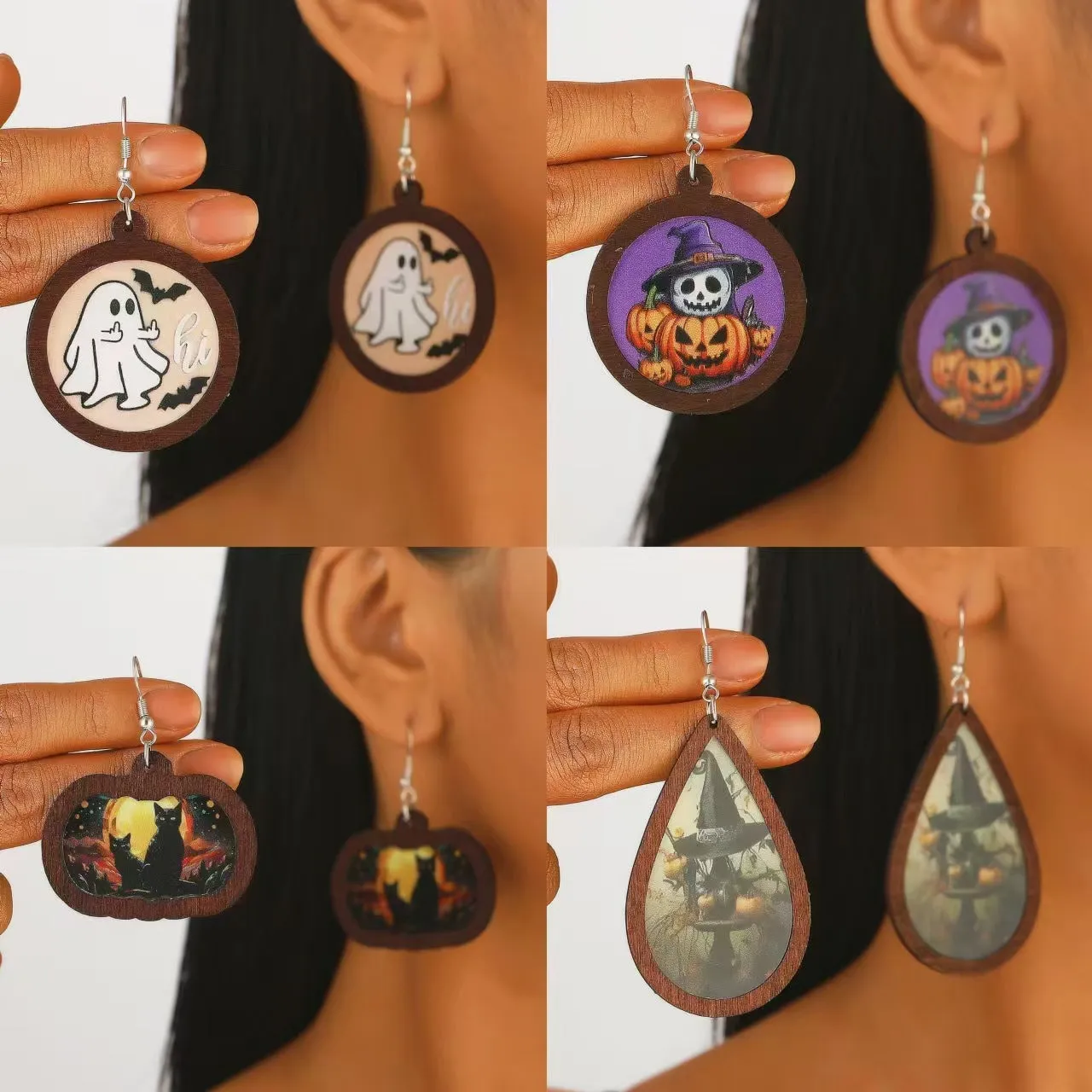 Wholesale New Halloween Ghost Pumpkin Black Cat Geometric Color Earrings