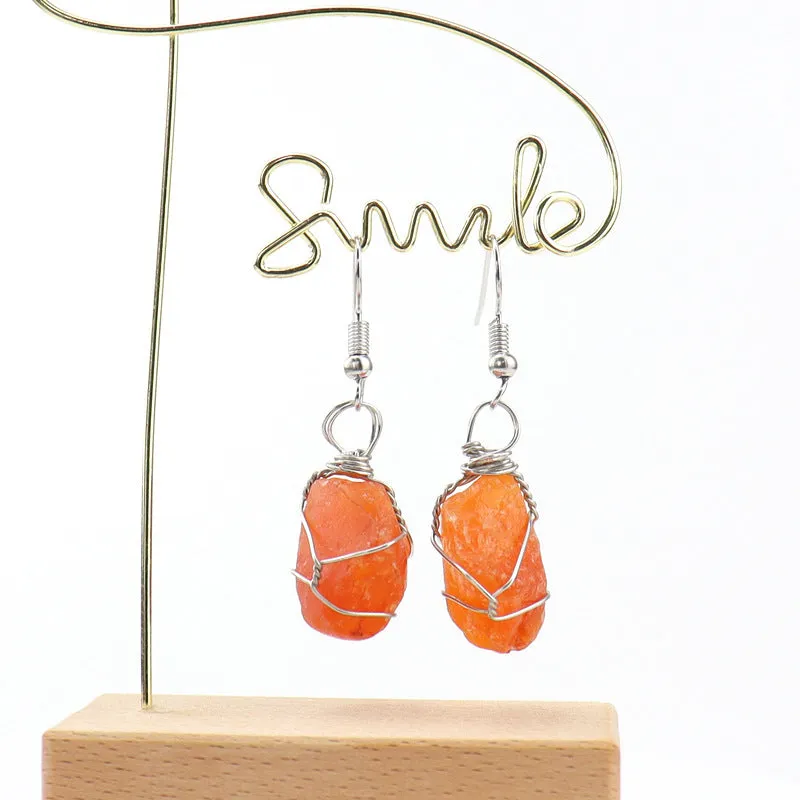 Wholesale New Handmade Silver Wound Natural Rough Crystal Agate Tourmaline Earrings