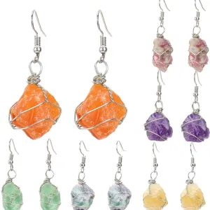 Wholesale New Handmade Silver Wound Natural Rough Crystal Agate Tourmaline Earrings