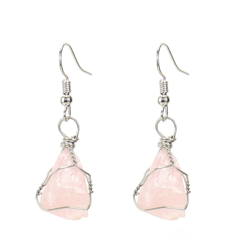 Wholesale New Handmade Silver Wound Natural Rough Crystal Agate Tourmaline Earrings