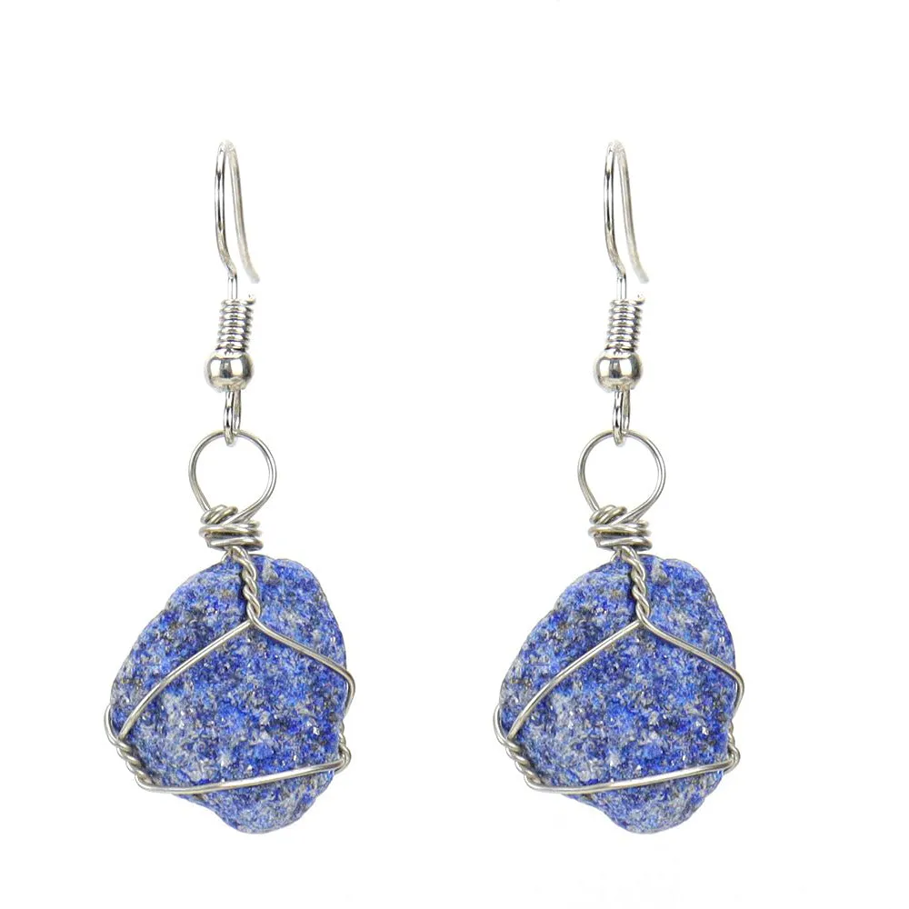 Wholesale New Handmade Silver Wound Natural Rough Crystal Agate Tourmaline Earrings