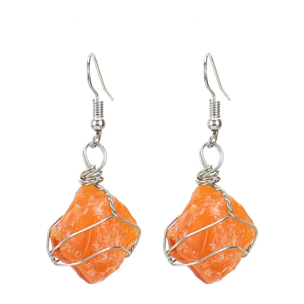 Wholesale New Handmade Silver Wound Natural Rough Crystal Agate Tourmaline Earrings