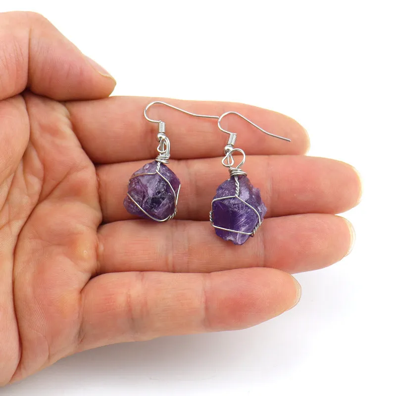 Wholesale New Handmade Silver Wound Natural Rough Crystal Agate Tourmaline Earrings
