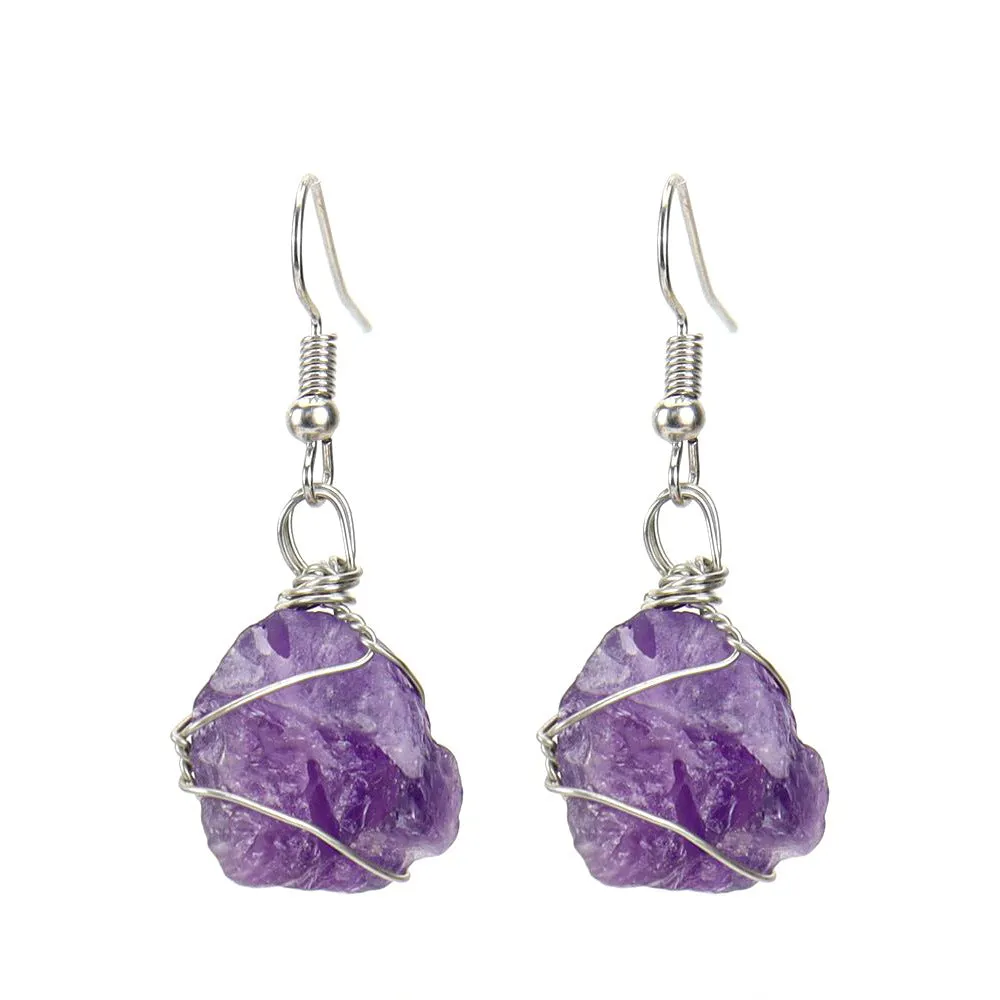 Wholesale New Handmade Silver Wound Natural Rough Crystal Agate Tourmaline Earrings