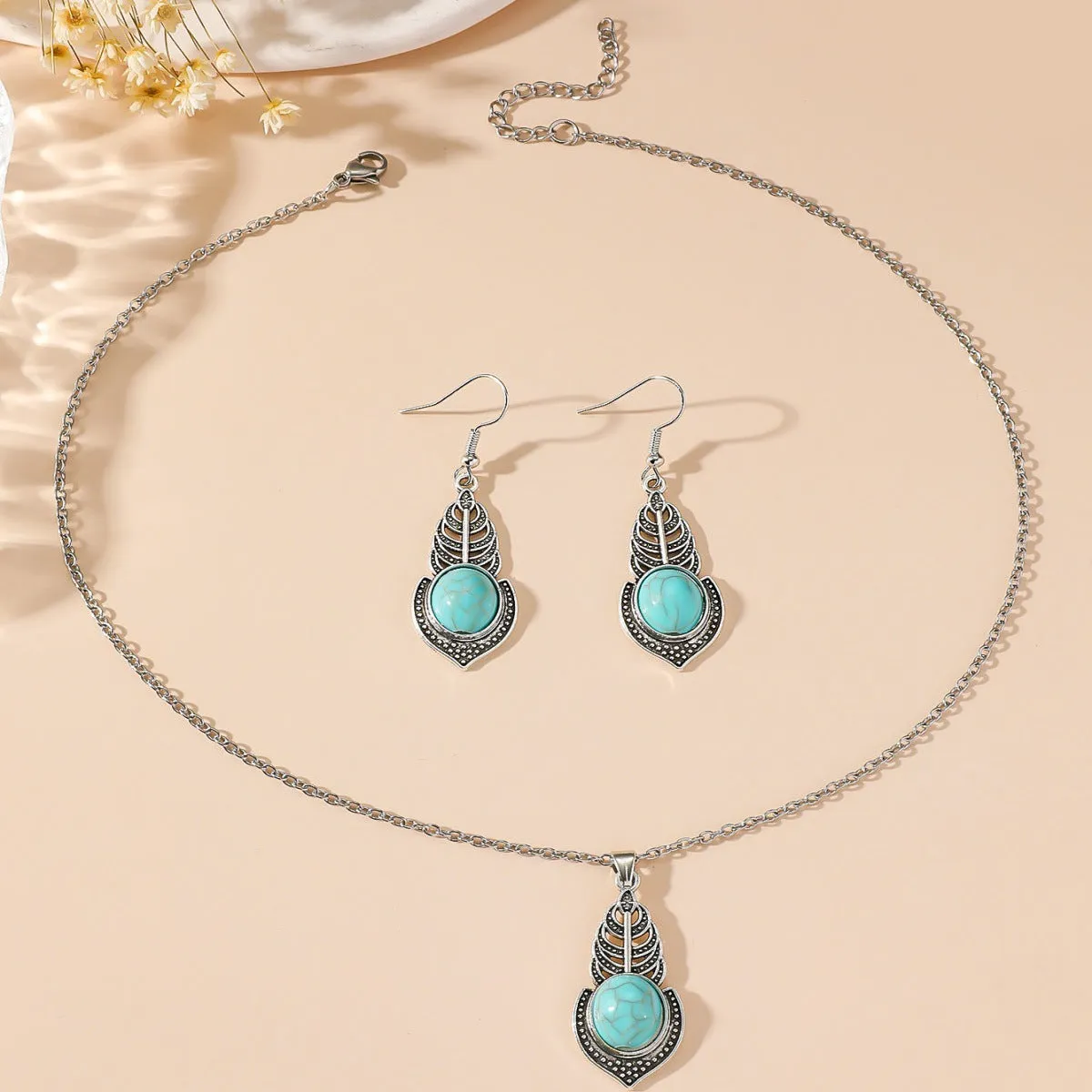 Wholesale New Simple Ethnic Flower Drop Hoop Turquoise Earrings Set