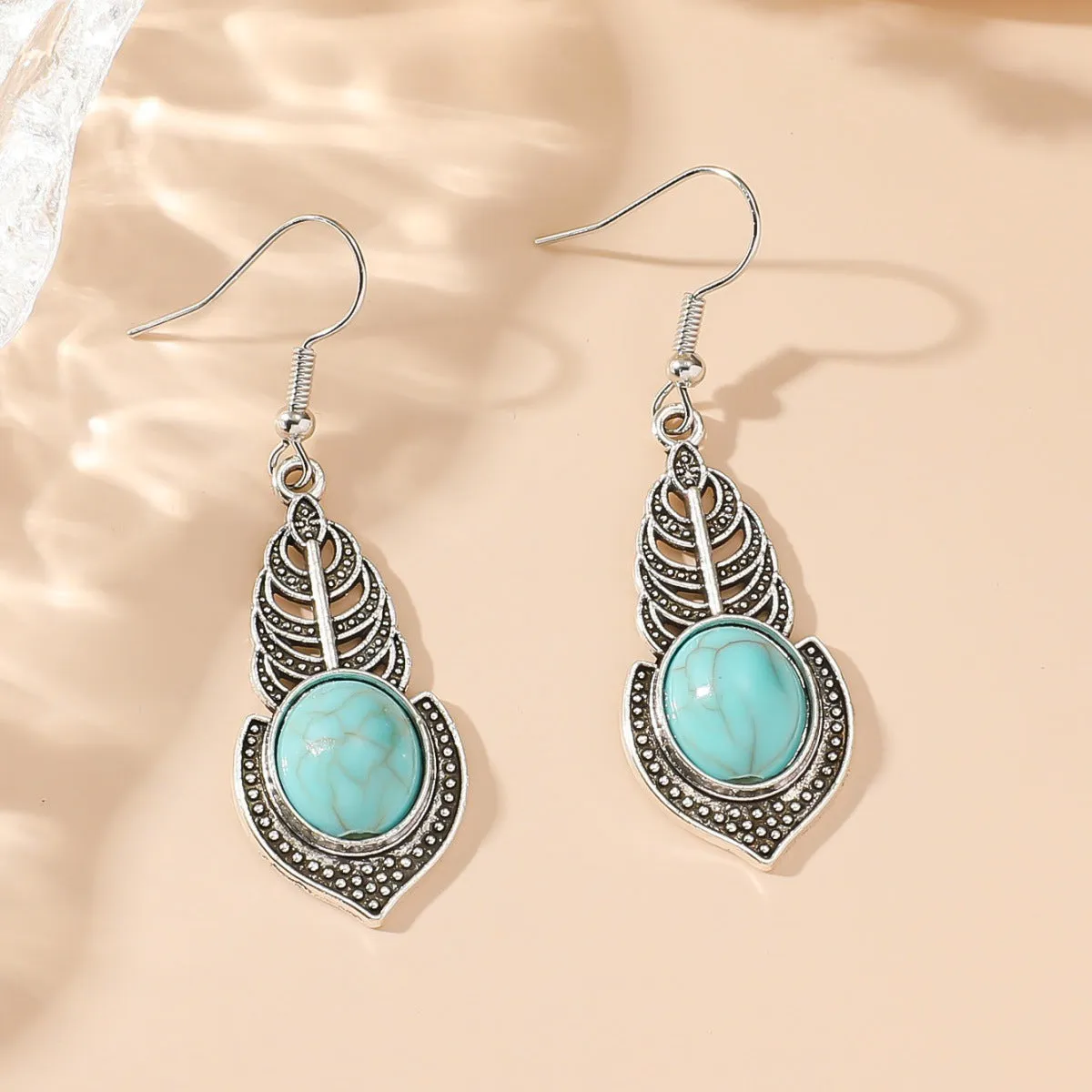 Wholesale New Simple Ethnic Flower Drop Hoop Turquoise Earrings Set