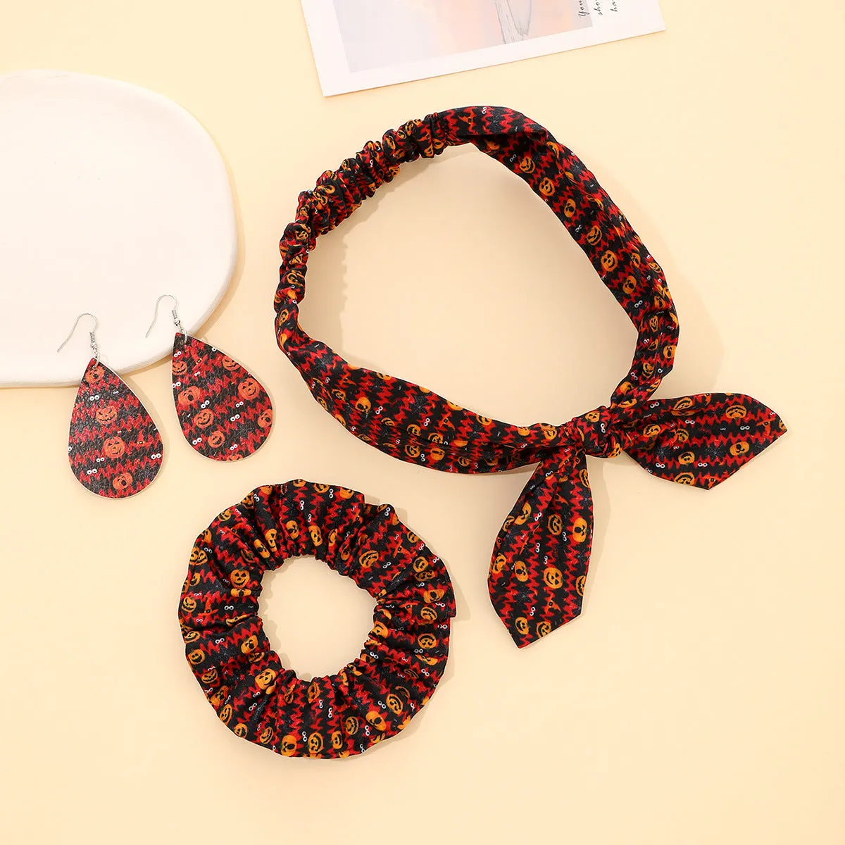Wholesale New Sweet and Cute Polka Dot Print Bunny Headband Headband Hoop Earrings Three-piece Set