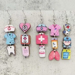 Wholesale Nurse Day Earrings Nurse Uniform Stethoscope Love Pill Wooden Earrings