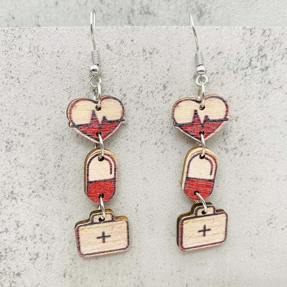 Wholesale Nurse Day Earrings Nurse Uniform Stethoscope Love Pill Wooden Earrings