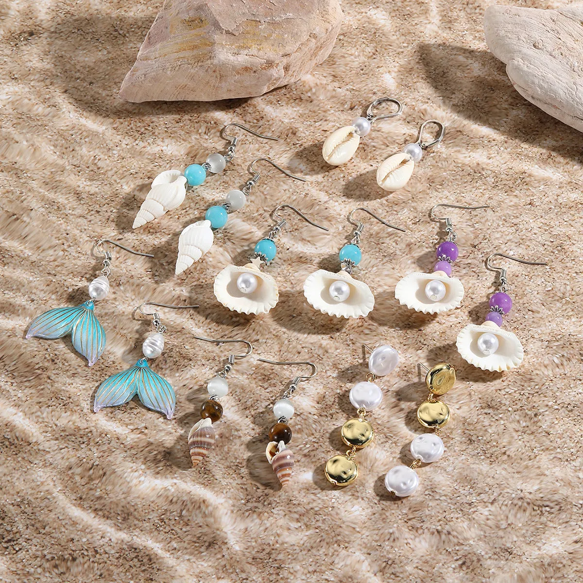 Wholesale Ocean Style Temperament Conch Natural Stone Pearl Shell Earrings