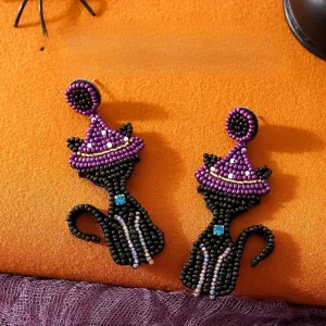 Wholesale Personality Creative Handmade Rice Beads Witch Cat Halloween Earrings