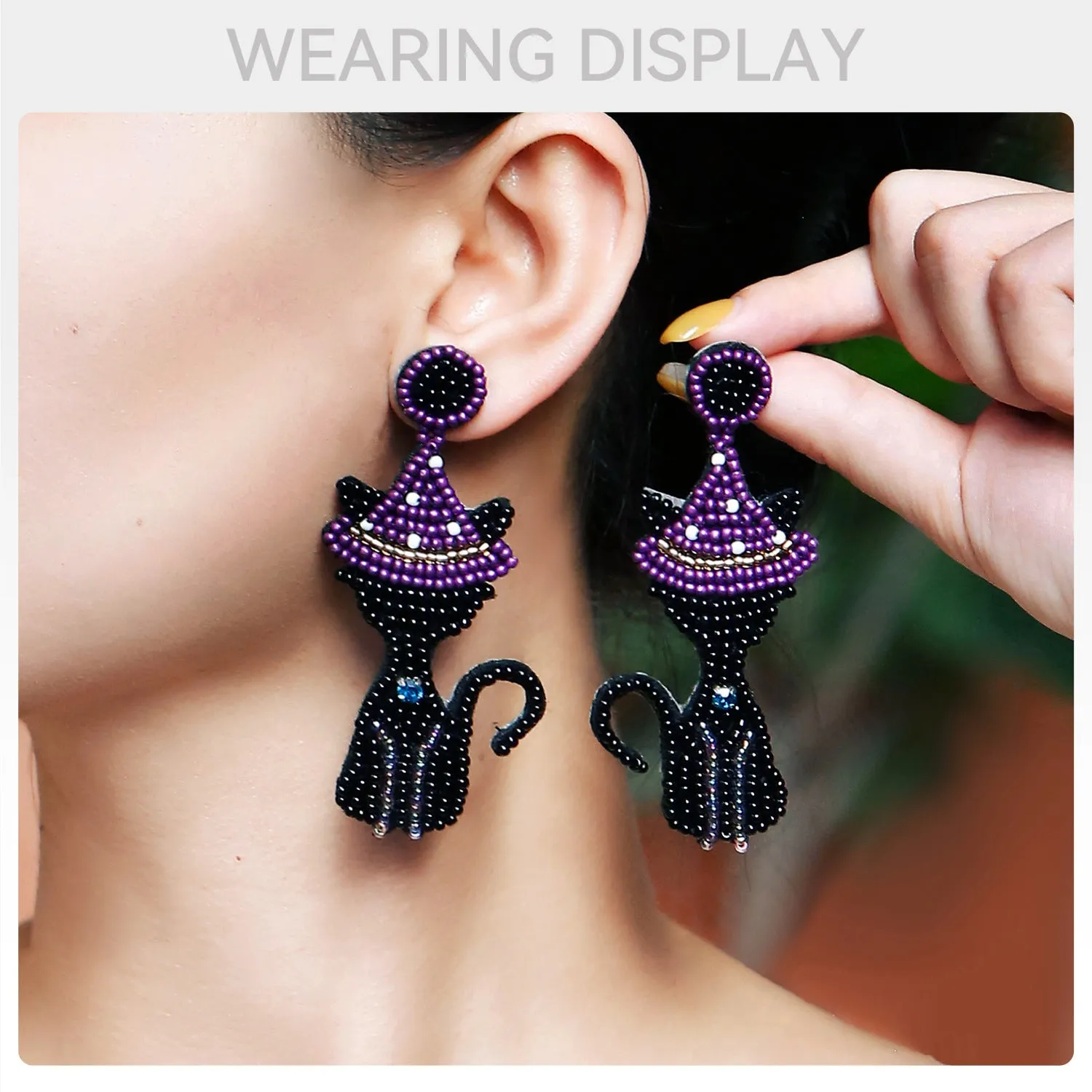 Wholesale Personality Creative Handmade Rice Beads Witch Cat Halloween Earrings