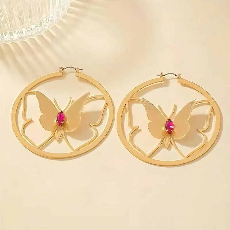 Wholesale Popular Circular Hollow Butterfly Paired with Green Imitation Diamond Commuting Exaggerated Earrings