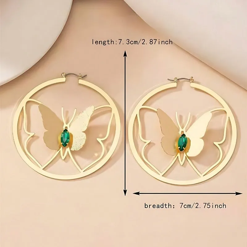 Wholesale Popular Circular Hollow Butterfly Paired with Green Imitation Diamond Commuting Exaggerated Earrings