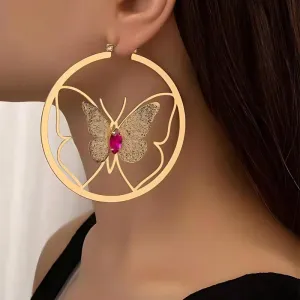 Wholesale Popular Circular Hollow Butterfly Paired with Green Imitation Diamond Commuting Exaggerated Earrings