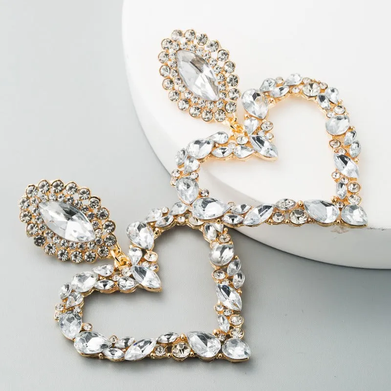 Wholesale Popular Heart-shaped Alloy Inlaid with Colored Diamonds Retro Temperament Exaggerated Super Shiny Full Diamond Earrings