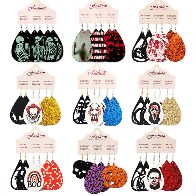 Wholesale PUHalloween Scary, Funny, Teardrop-shaped Skull Pumpkin Earrings