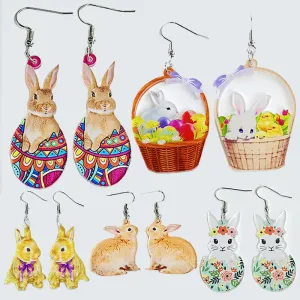 Wholesale Rabbit Flower Basket Cute Printed Easter Egg Chicken Spring Flower Earrings