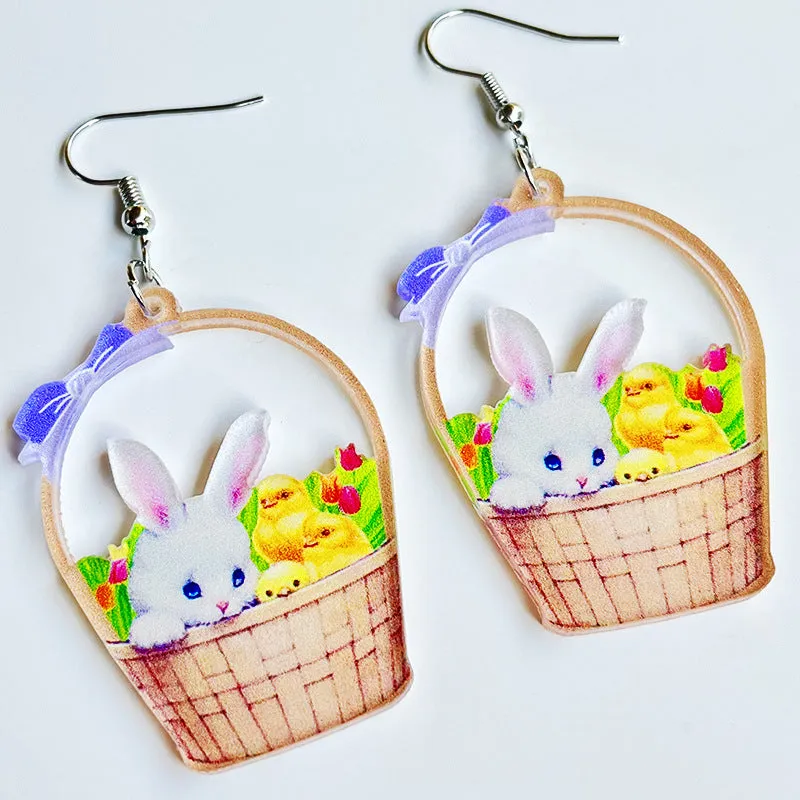 Wholesale Rabbit Flower Basket Cute Printed Easter Egg Chicken Spring Flower Earrings