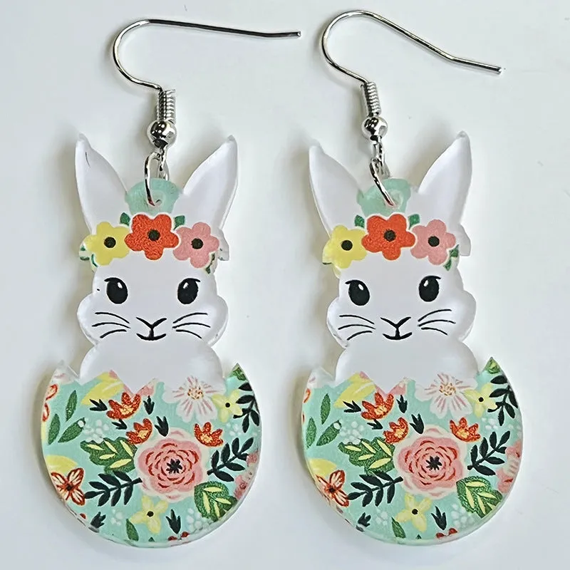 Wholesale Rabbit Flower Basket Cute Printed Easter Egg Chicken Spring Flower Earrings