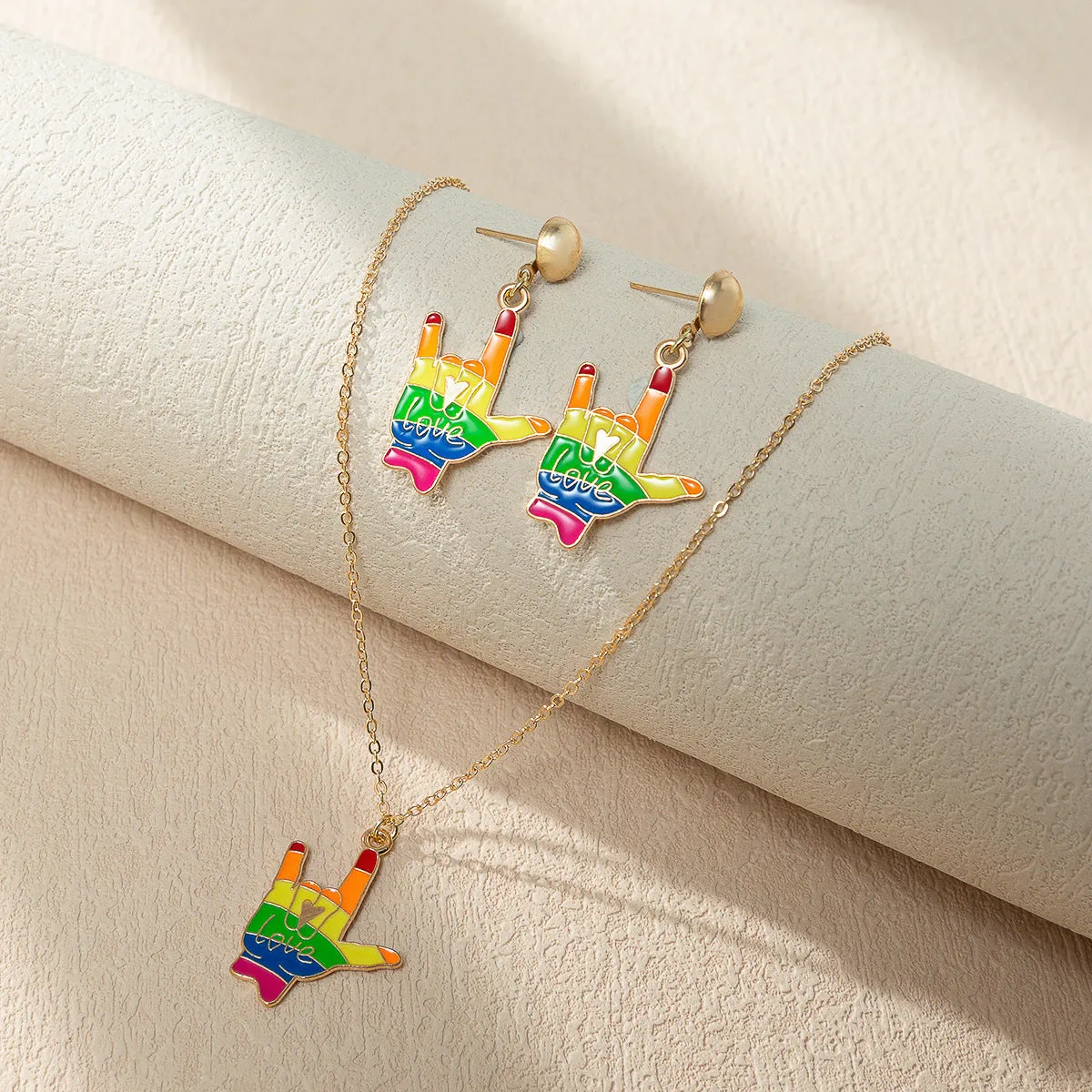 Wholesale Rainbow Element Design Dripping Oil Necklace Earring Set