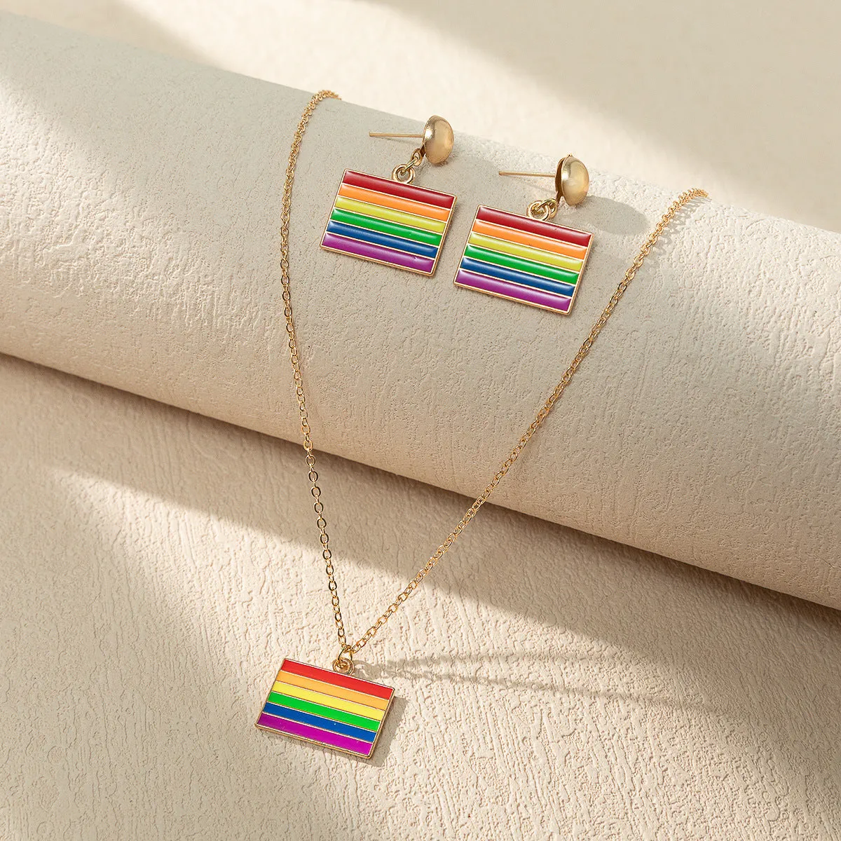 Wholesale Rainbow Element Design Dripping Oil Necklace Earring Set