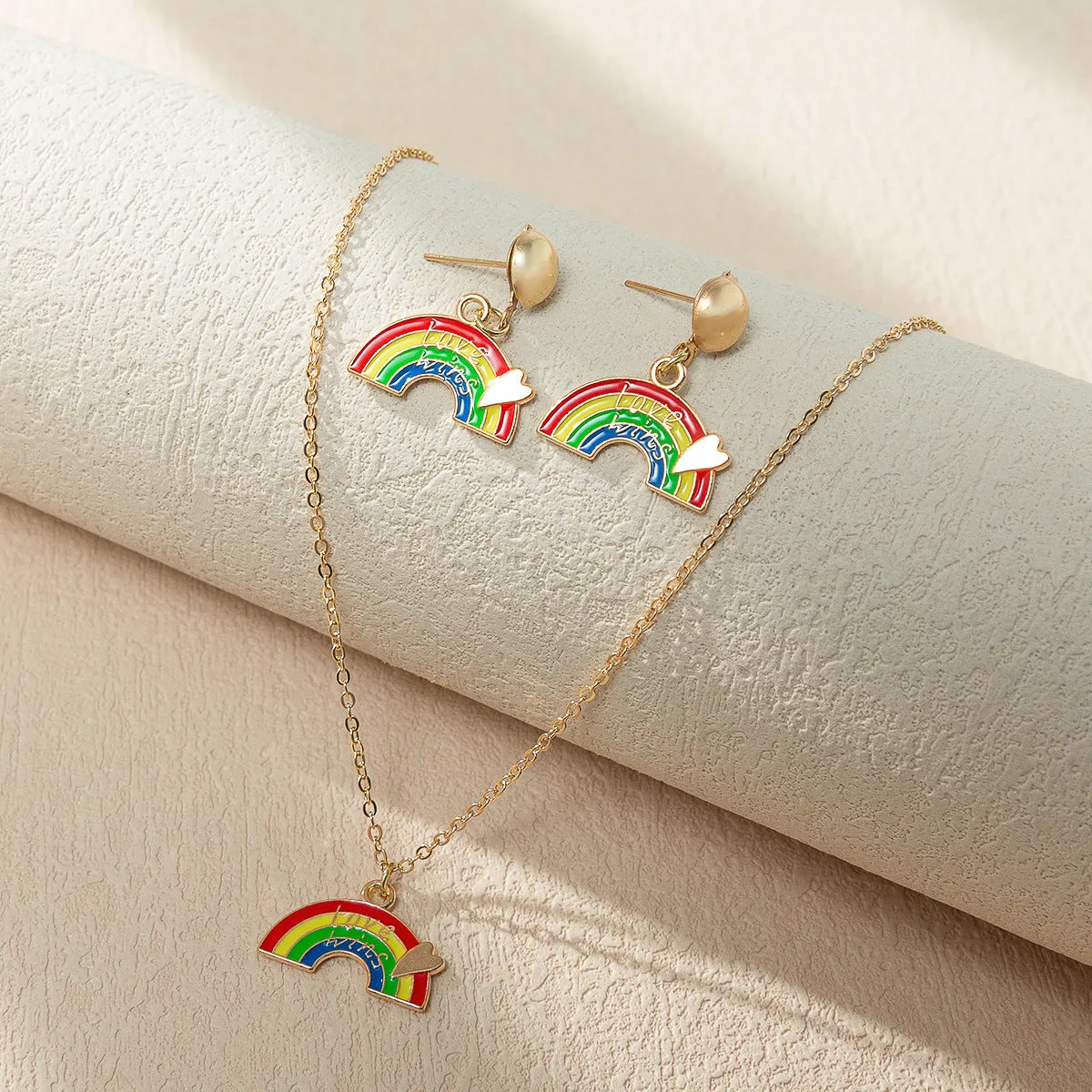 Wholesale Rainbow Element Design Dripping Oil Necklace Earring Set