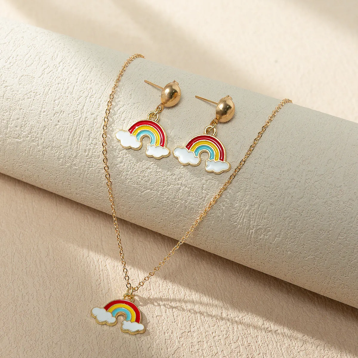 Wholesale Rainbow Element Design Dripping Oil Necklace Earring Set