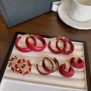 Wholesale Red Leather Unique Temperament Leather Circle Light Luxury Retro Wine Red Hong Kong Style Exaggerated Round Earrings