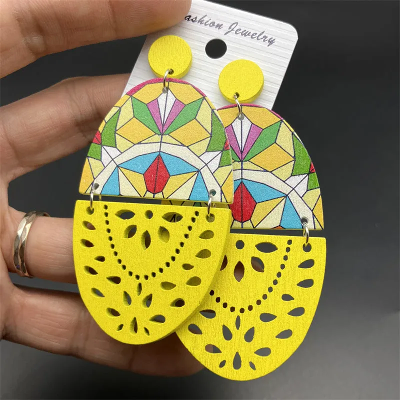 Wholesale Retro Exaggerated Wood Print Hollow Earrings