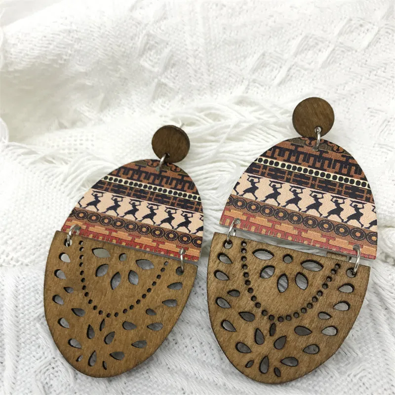 Wholesale Retro Exaggerated Wood Print Hollow Earrings