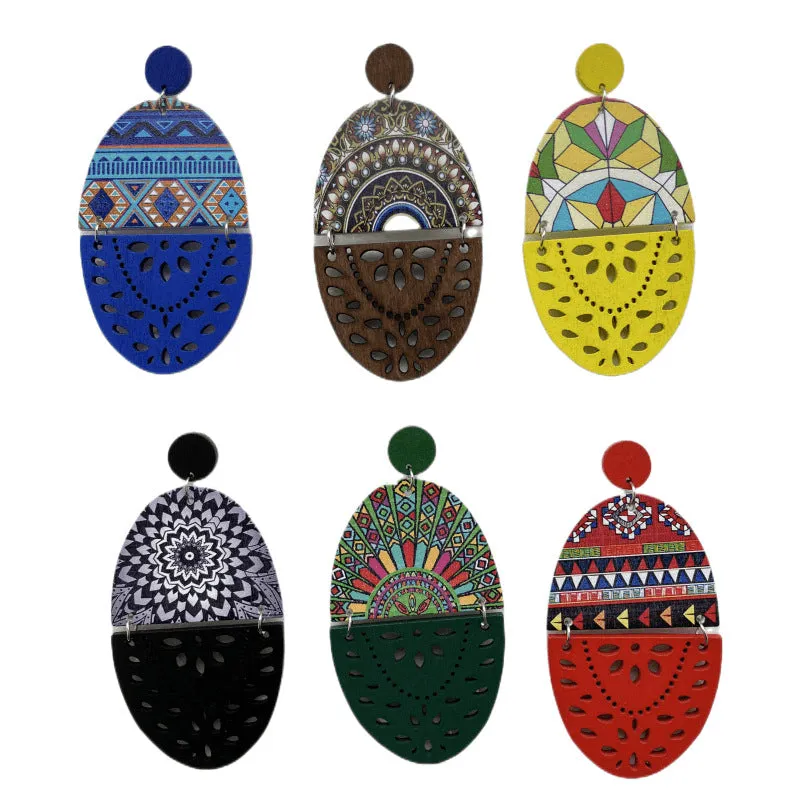 Wholesale Retro Exaggerated Wood Print Hollow Earrings