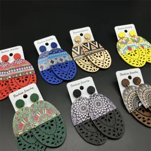 Wholesale Retro Exaggerated Wood Print Hollow Earrings