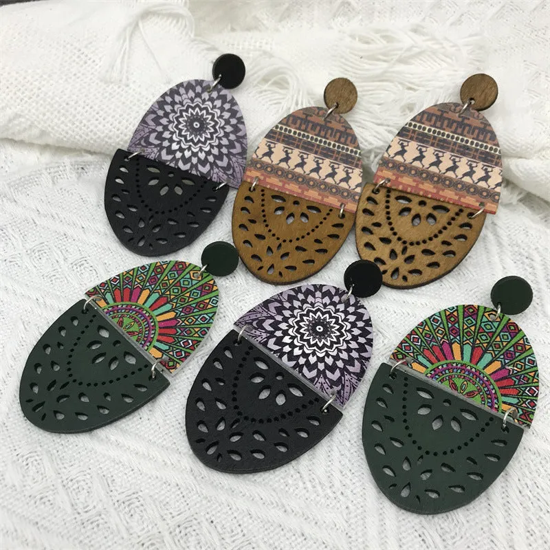 Wholesale Retro Exaggerated Wood Print Hollow Earrings