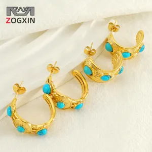 Wholesale Retro Fashion Temperament Versatile Design Texture Light Luxury Inlaid Blue Turquoise Earrings